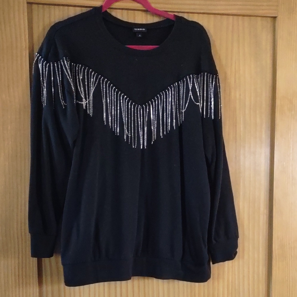 Size 0 Torrid Black Sweatshirt With Silver Fringe Trim. Oversize